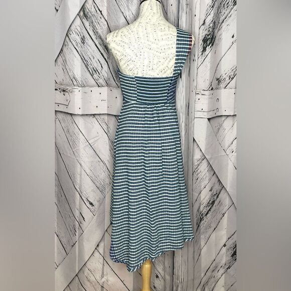Anthropologie Maeve Waverly Dress Checked One-Shoulder Asymmetrical Blue 10 - Picture 6 of 10
